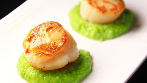 Fine Dining 前菜 - 煎帶子配青豆蓉 Seared Scallops with Pea Puree